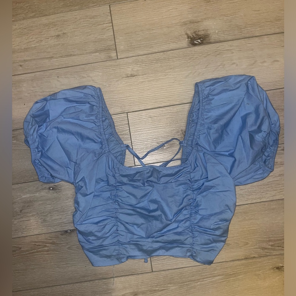 Blue Puff Sleeve lace up Crop Top